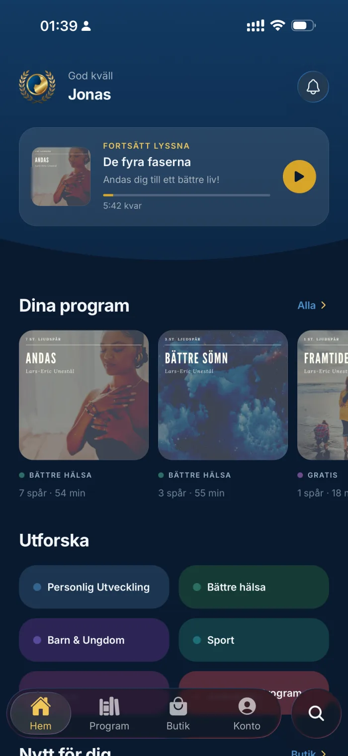 Startskärmen i appen